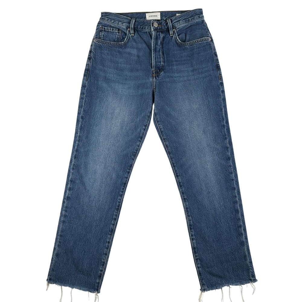 Frame Le Original Jeans Womens 27 Blue High Rise Straight Button Fly Raw Hem